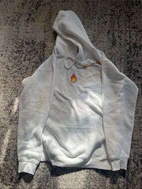 White Hoodie with Embroidered Flame Patch